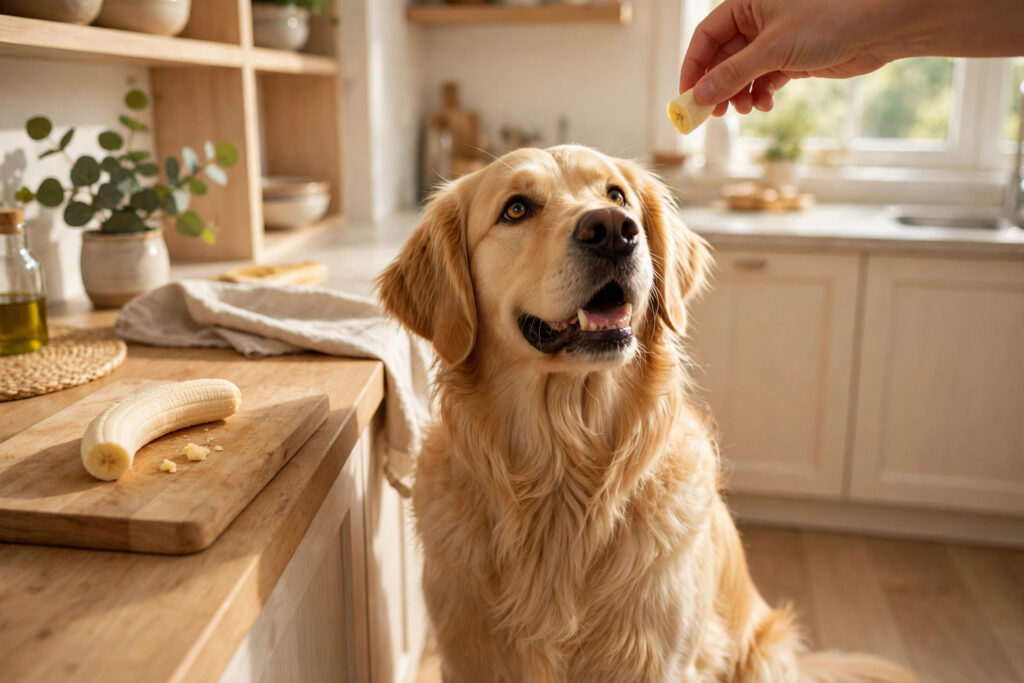 Golden retriever looking up at a banana slice in a bright kitchen