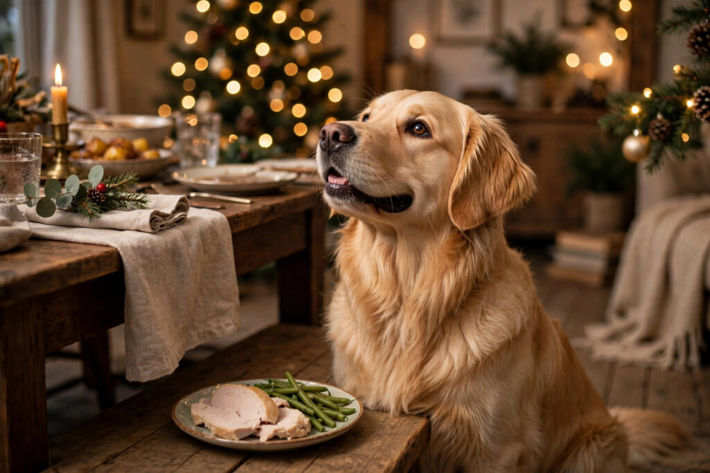 Golden retriever beside a Christmas table with a plate of plain turkey and green beans